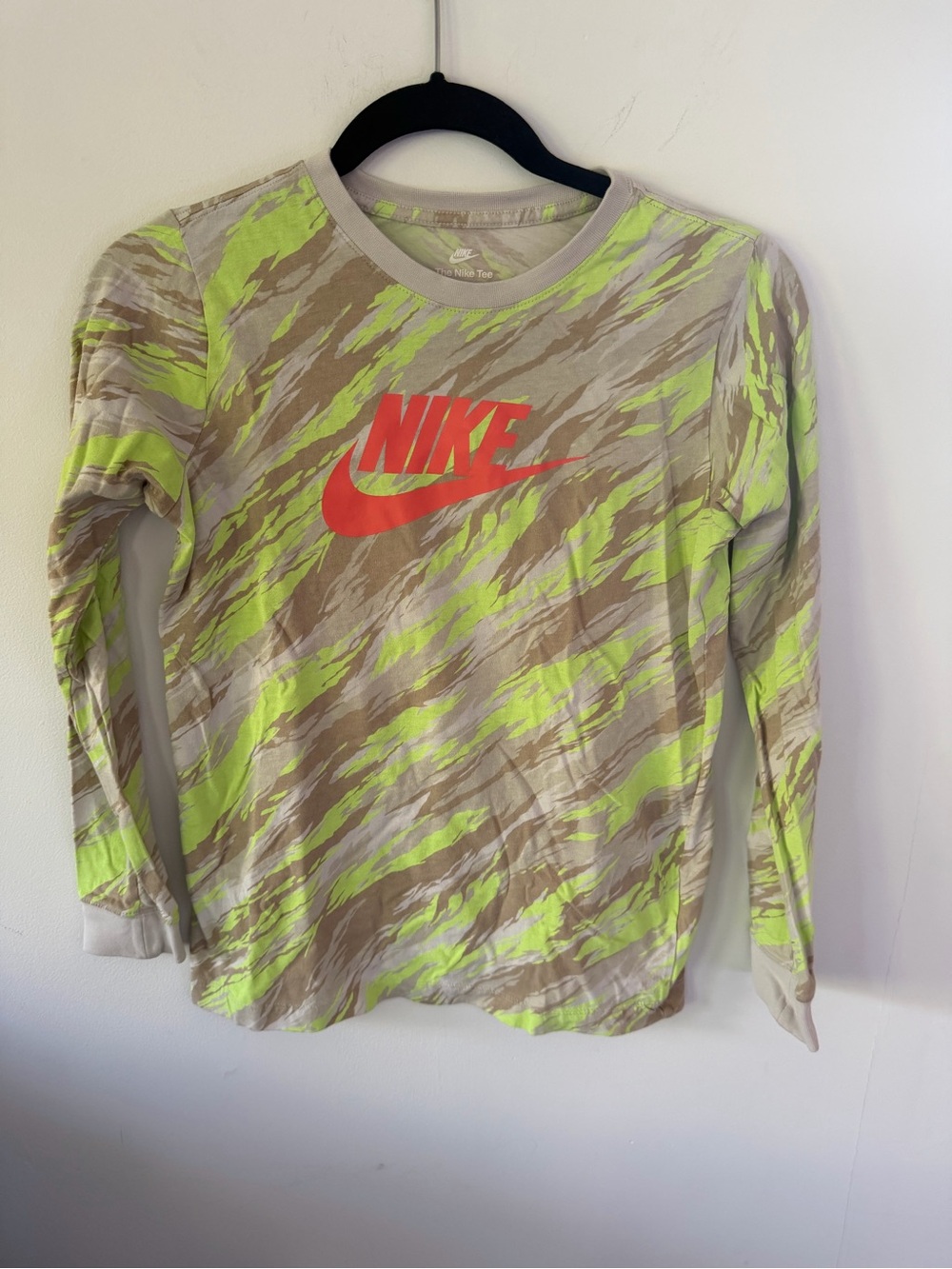 Nike Neon Green & Beige Camo-Print Long Sleeve Tee with Swoosh